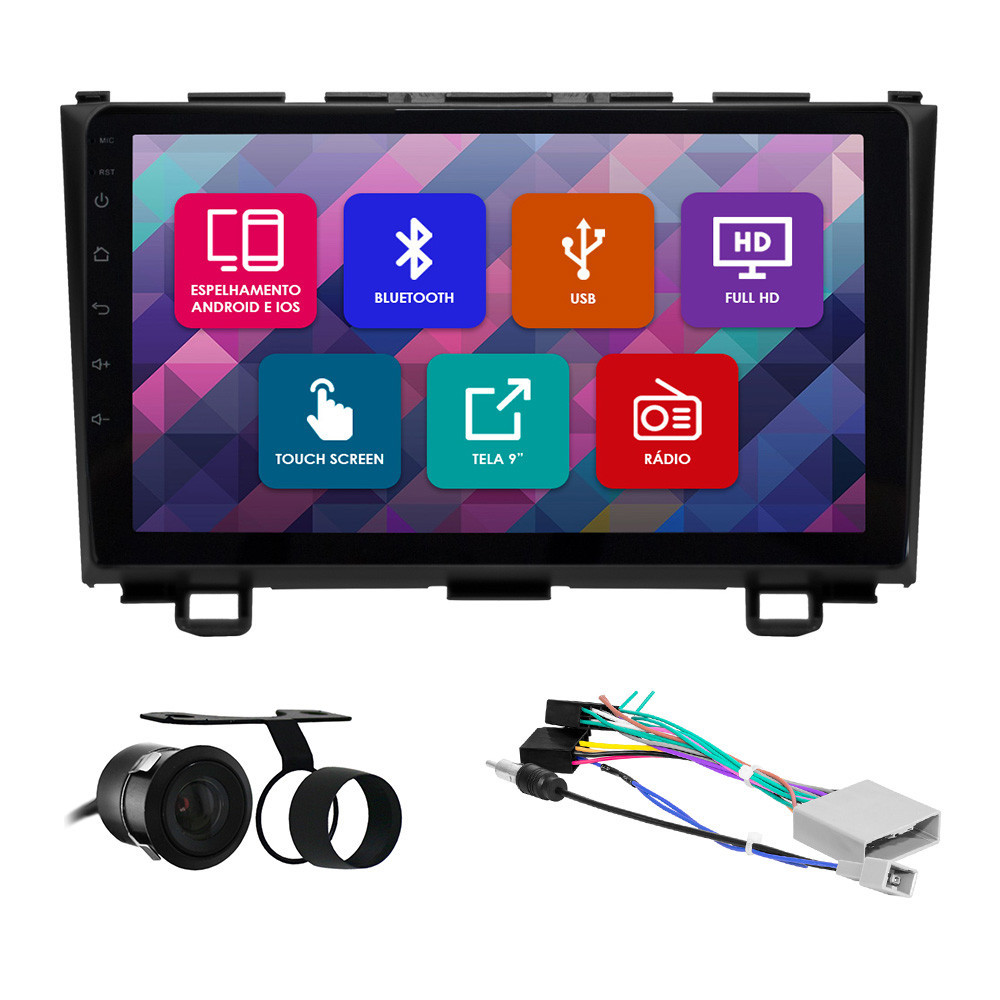 Kit Multimídia 9 Pol Cr-v 2008 2009 2010 2011 Espelhamento Android Ios 2 Din Preto Camera Ré