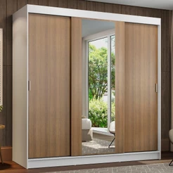 Guarda Roupa Casal 3 Portas de Correr com Espelho Branco/Rustic Madesa Reno