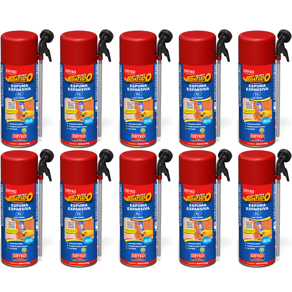 10 Espuma Expansiva Porta Janela Uso Geral Obra Vedatudo Vedação Batente Fixação Isolamento 300ml