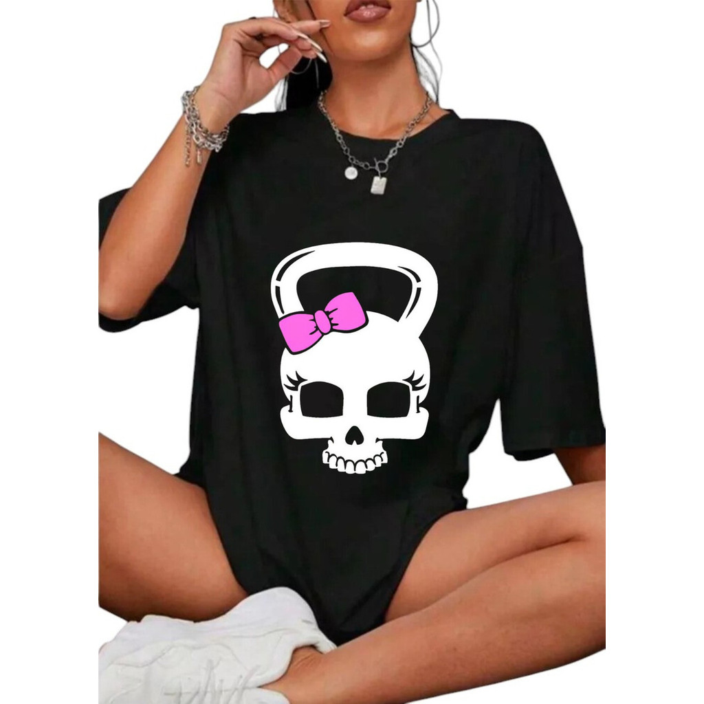 Camiseta Oversized Feminina Caveira Blusa Academia Treino Musculação Camisetão Feminino Caveira Maromba