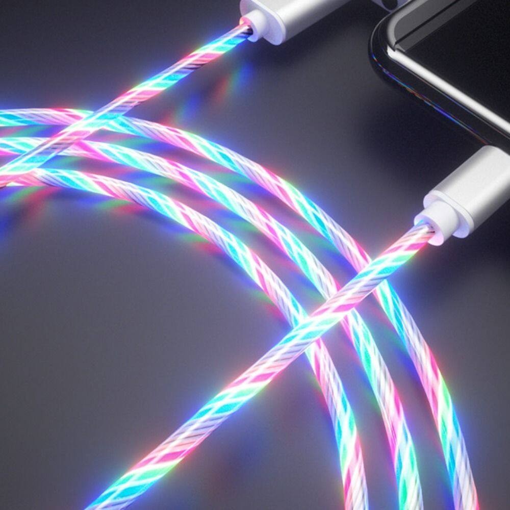 Cabo Usb de 1m 3a com Luz Led – Carregador com Luz Fluorescente para Micro Usb e Type-c, Cabo de Dados de Carregamento