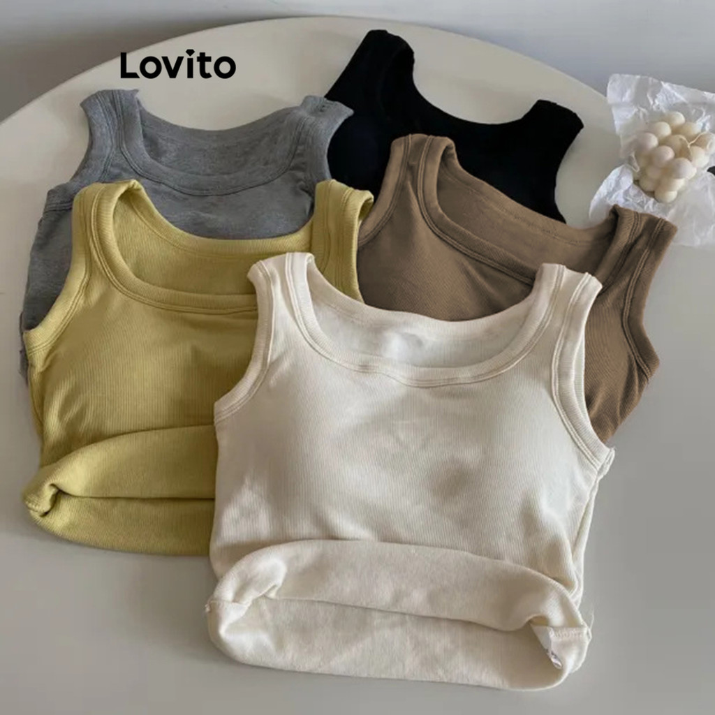 Detalhes do (LIVE STREAM SALE) Lovito Casual Plain Basic Bra pads incluídos Tank Top para Mulheres LNE16170
