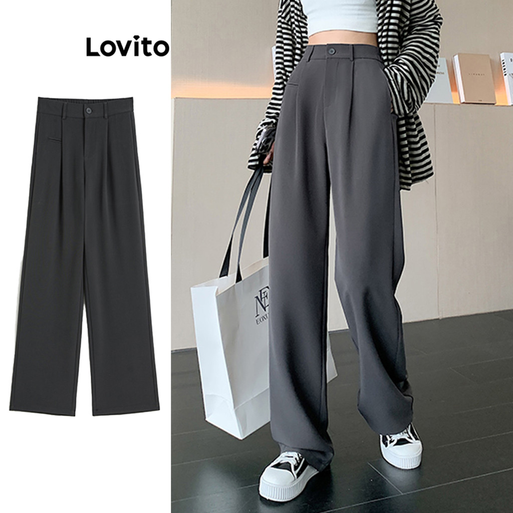 Lovito Casual Calça Feminina Lisa Drapeada Básica com Bolso Falso LNA26004 (Café/Cinza/Preto)