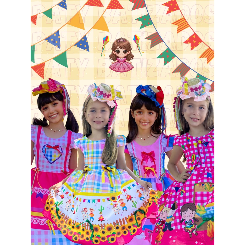 Vestido de Festa Junina Quadrilha Infantil Luxo  - Várias Estampas