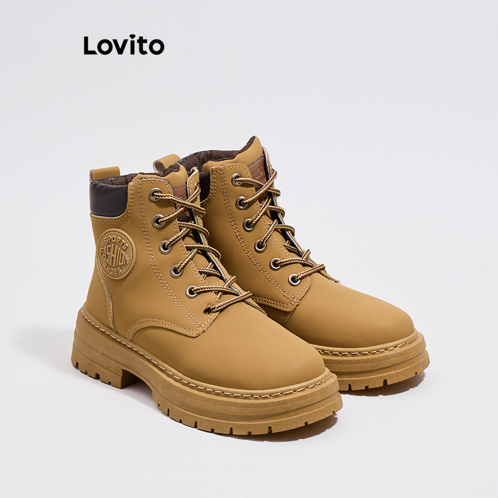 Lovito Bota casual de renda lisa com cano alto e fundo grosso para mulheres LFA43429 - Women Shoes