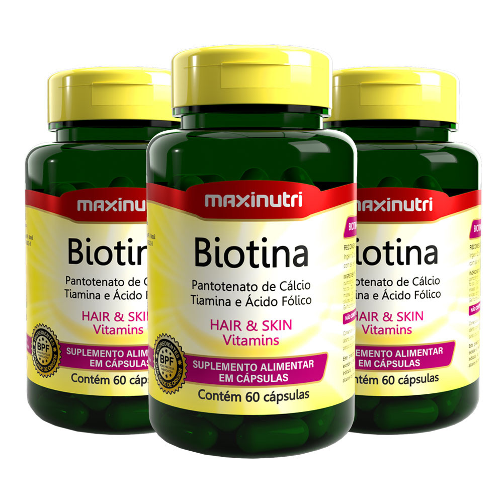 Kit 3 Biotina Maxinutri Hair Skin Vitaminas + Ácido Fólico 60 Cápsulas