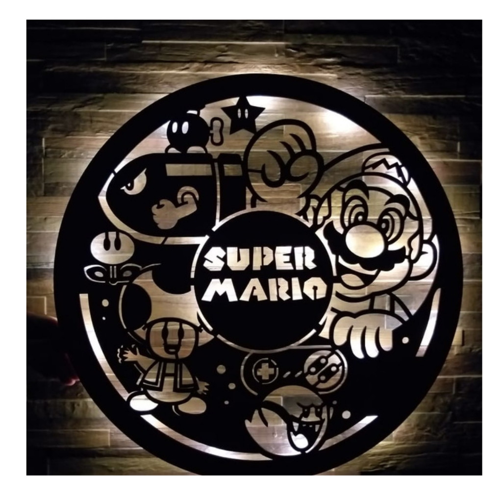 Super Mario Luminária Led de Parede Decorativa em MDF 3mm Preto Fosco 50cm x 50cm