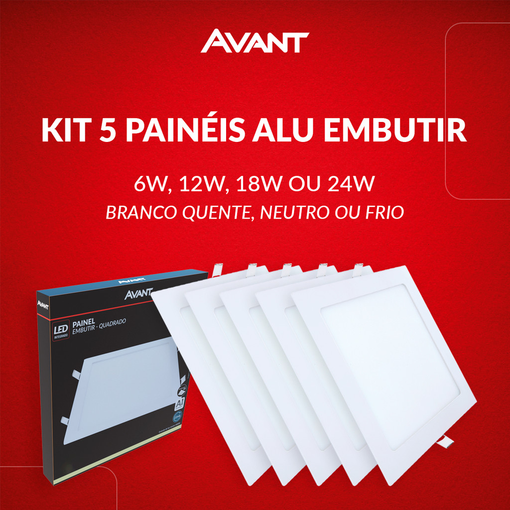 Kit 5 Painel Led Aluminio Quadrado Embutir 6w 12w 18w 24w Branco Quente/Neutro/Frio 110v/220v Bivolt Branco Avant - Home & Living