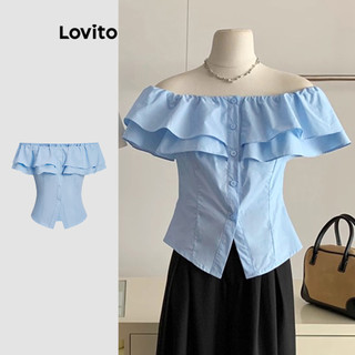 Lovito Blusa elegante de ombro frio de camada dupla com babados lisos para mulheres L121MD290 em Oferta na Shopee