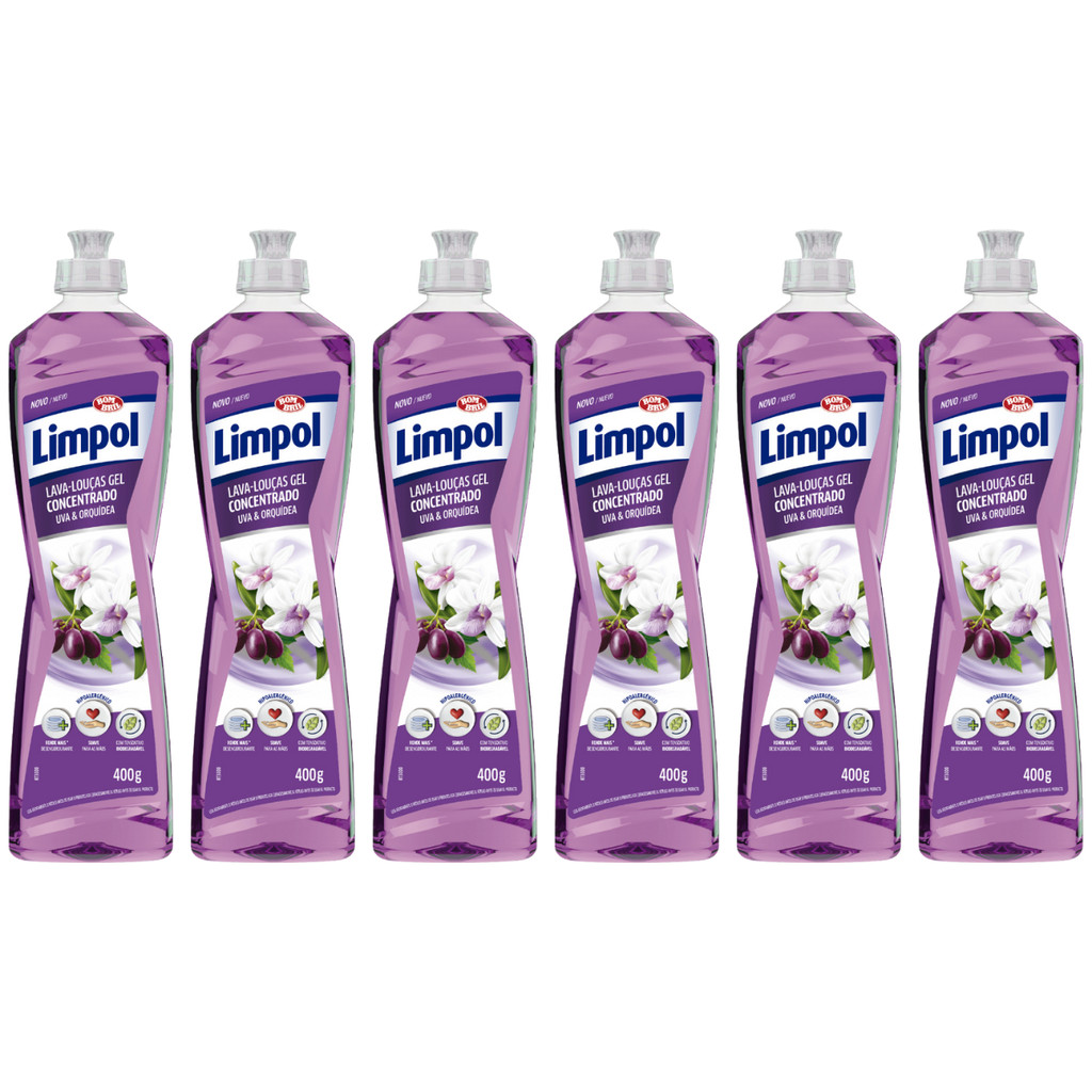 Kit 6 Detergente Gel Concentrado Uva e Orquídea 400ml Limpol