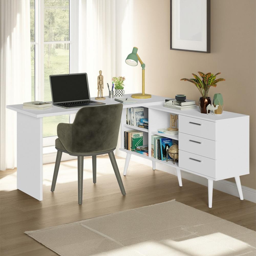 Escrivaninha Mesa de Estudos De Canto 3 Gavetas Branco Lisboa Madesa em Oferta na Shopee