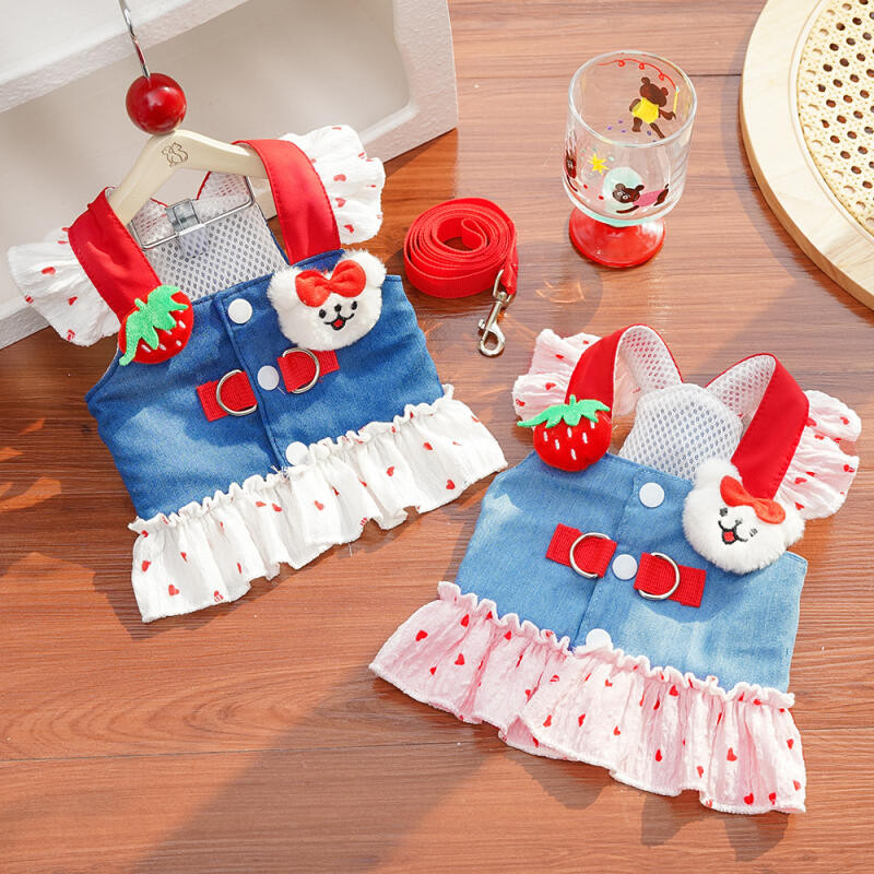 2025 XS-5XL Novo Vestido De Arnês Para Cães Com Estampa De Coração Trela De Luxo Jeans Filhote De Cachorro Princesa Saia