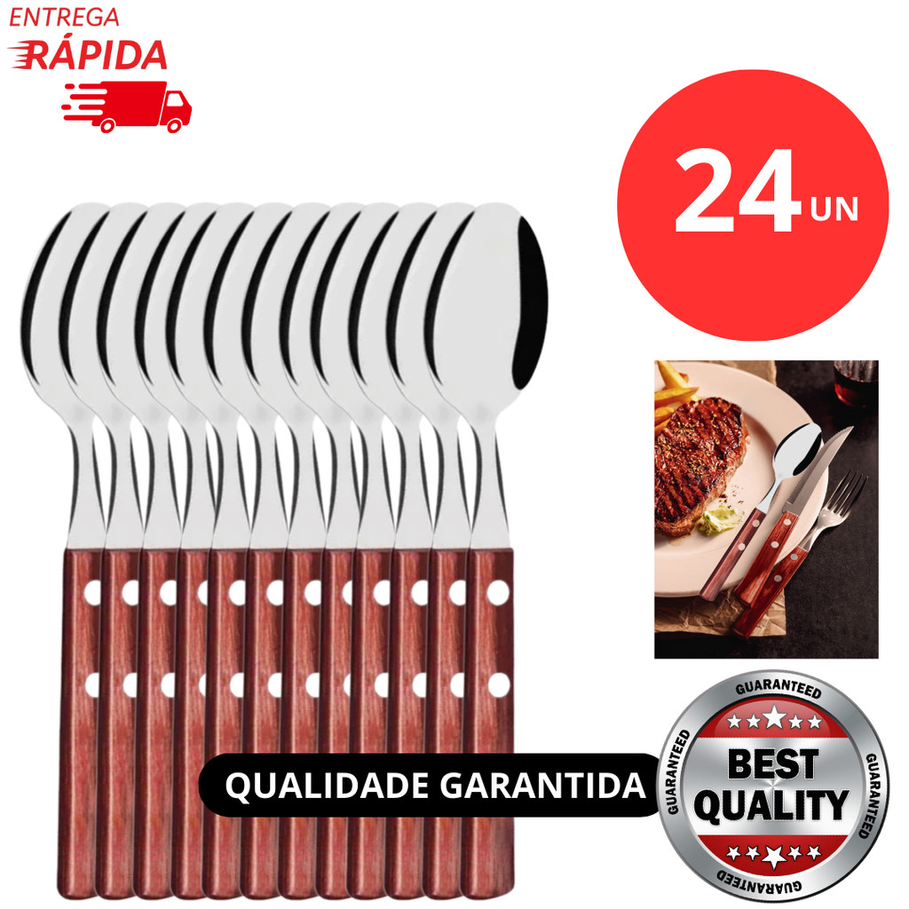 Jogo 24 Peças De Talher Colher Cabo Madeira em Aço Inox Colher de Mesa Restaurante Jantar