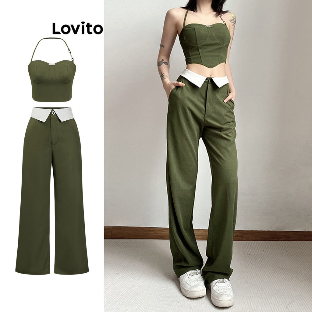 Lovito Tops ou calças femininas casuais de tecido liso com costura de bolso L79AD049 - Women Clothes