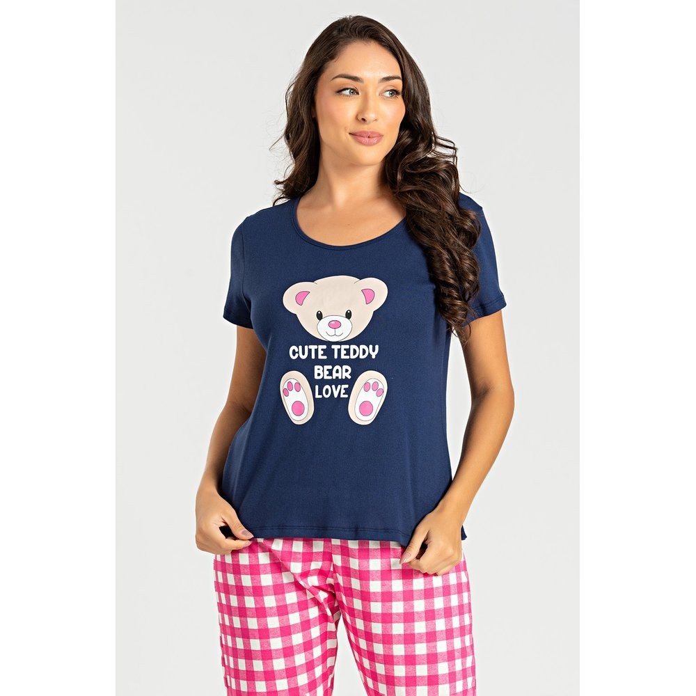 Pijama Feminino Longo Loja Zus Xadrez Rosa Teddy Bear Manga Curta