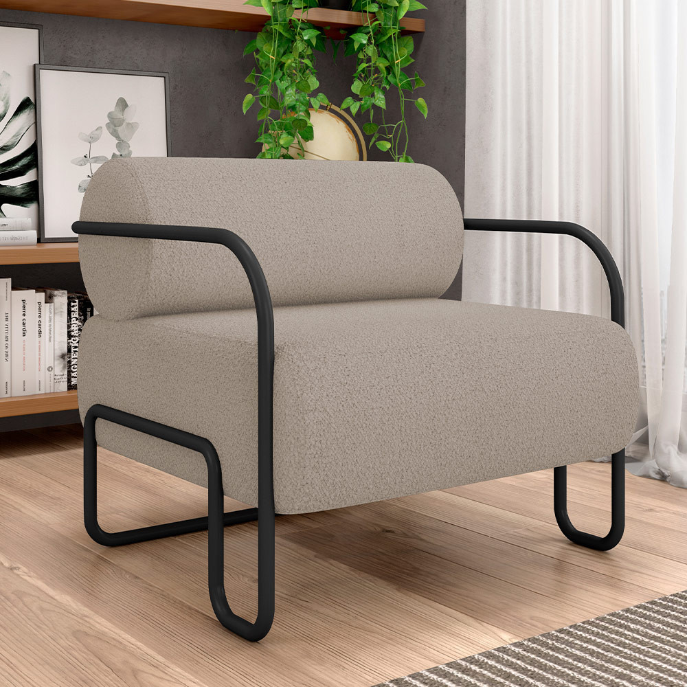Poltrona Decorativa Pés Industrial Moscou K01 Bouclê Bege - Lyam Decor em Oferta na Shopee