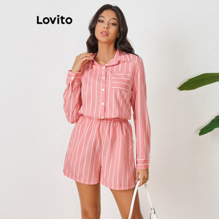 Lovito Conjuntos de shorts assimétricos com bolso listrado casual para mulheres LBL10052