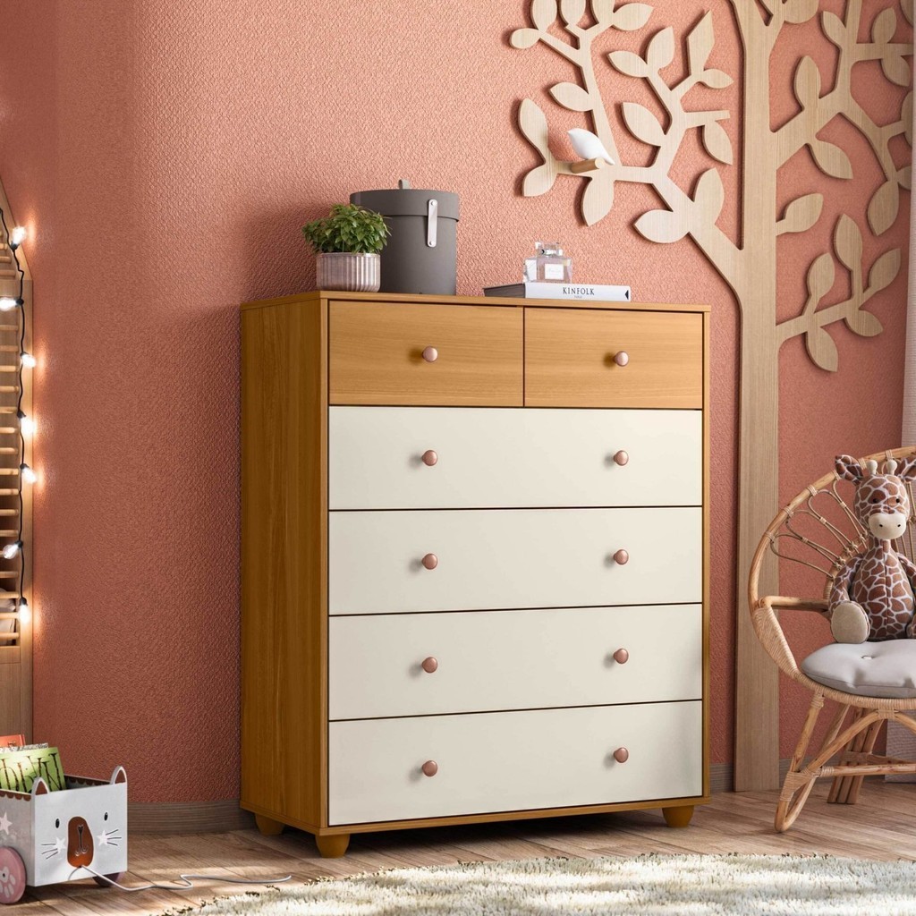 Cômoda Infantil 6 Gavetas Balão Cinamomo/Off White em Oferta na Shopee