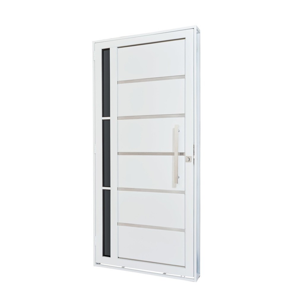 Porta de Aço Lambri 215x100cm com Friso e Puxador Inox Vidro Lateral Fumê Batente 12cm Qualitysol Ra - Home & Living