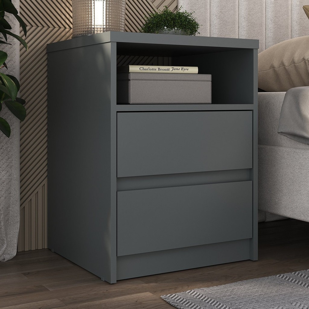 Mesa de Cabeceira 2 Gavetas 1 Nicho 100% MDF Gales Grafito - Home & Living