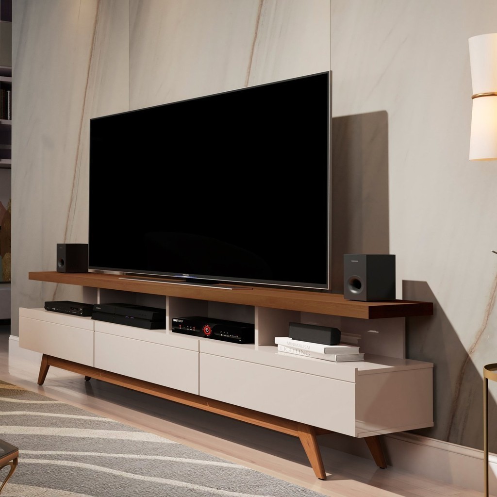 Rack para Tv até 72 Polegadas 180cm Pés em Madeira Maciça Vivare Off White/Freijó - Home & Living