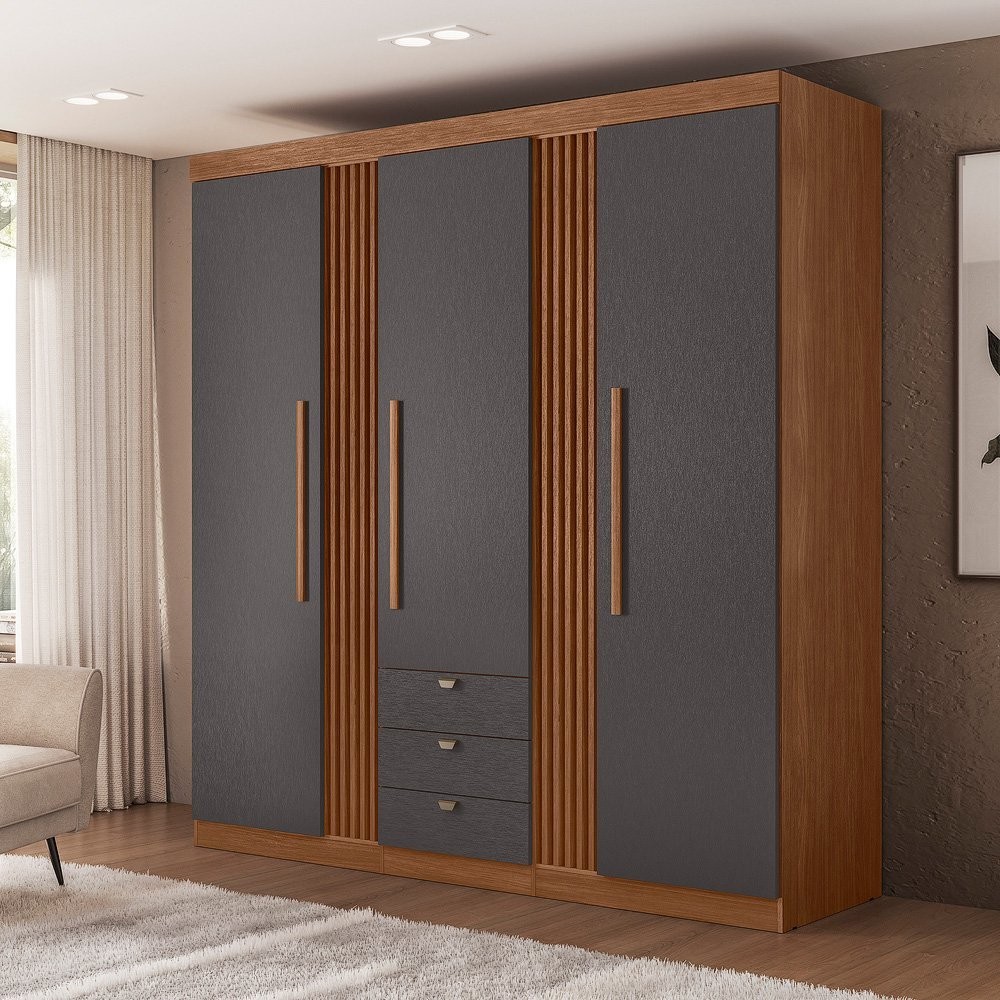 Guarda-roupa Aurora 03 Portas 3 Gavetas Jatoba/Grafite em Oferta na Shopee