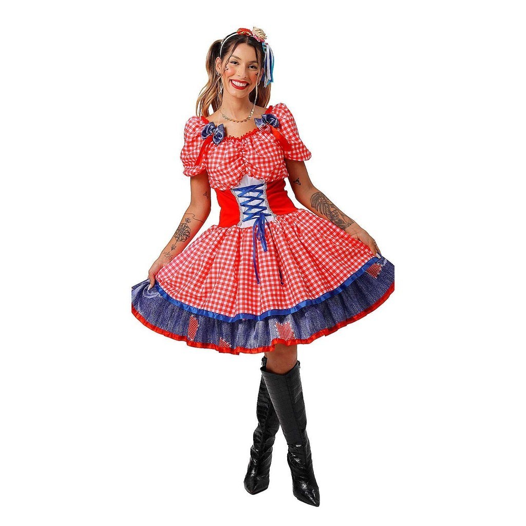 vestido festa juninina adulto feminina super luxo com espartilho roupa caipirinha quadriculado xadrez vermelho em Oferta na Shopee