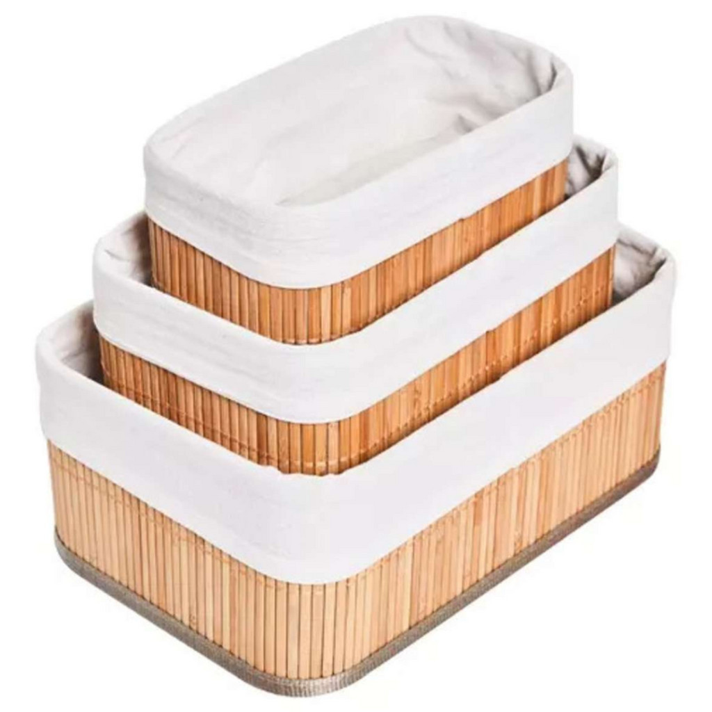 Kit 3 Cestos Jogo Organizadores Multiuso Bambu Cor Claro Prateleiras Gaveta Caixa Tecido Lavanderia Dobrável Retangular