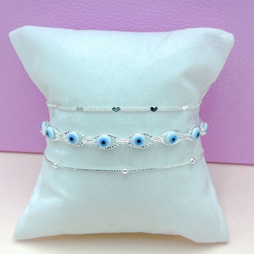 Kit 3 Pulseiras Prata 925 Folheada coração Conjunto Pulseira Feminina de Bolinha e pulseira olho grego