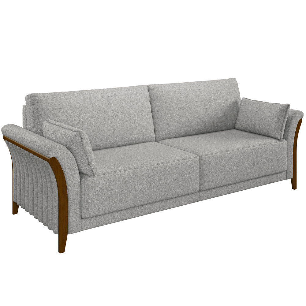 Sofá 03 Lugares Para Sala De Estar Pés Em Madeira 222 cm Stefan M03 Linho Cinza - Lyam Decor - Home & Living