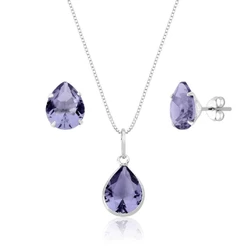 Conjunto brinco e colar gota ponto de luz lilás prata 925