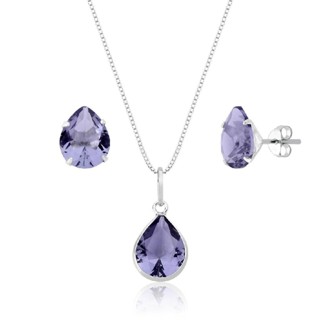 Conjunto brinco e colar gota ponto de luz lilás prata 925