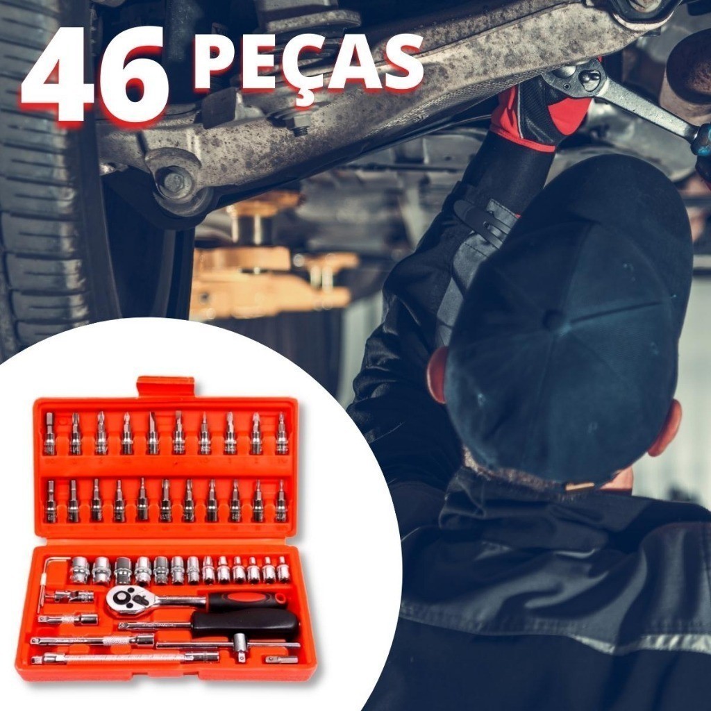 Kit De Ferramentas 46 Peças Jogo De Soquetes Chave Catraca Reversível Com Maleta Jogo Ferramentas
