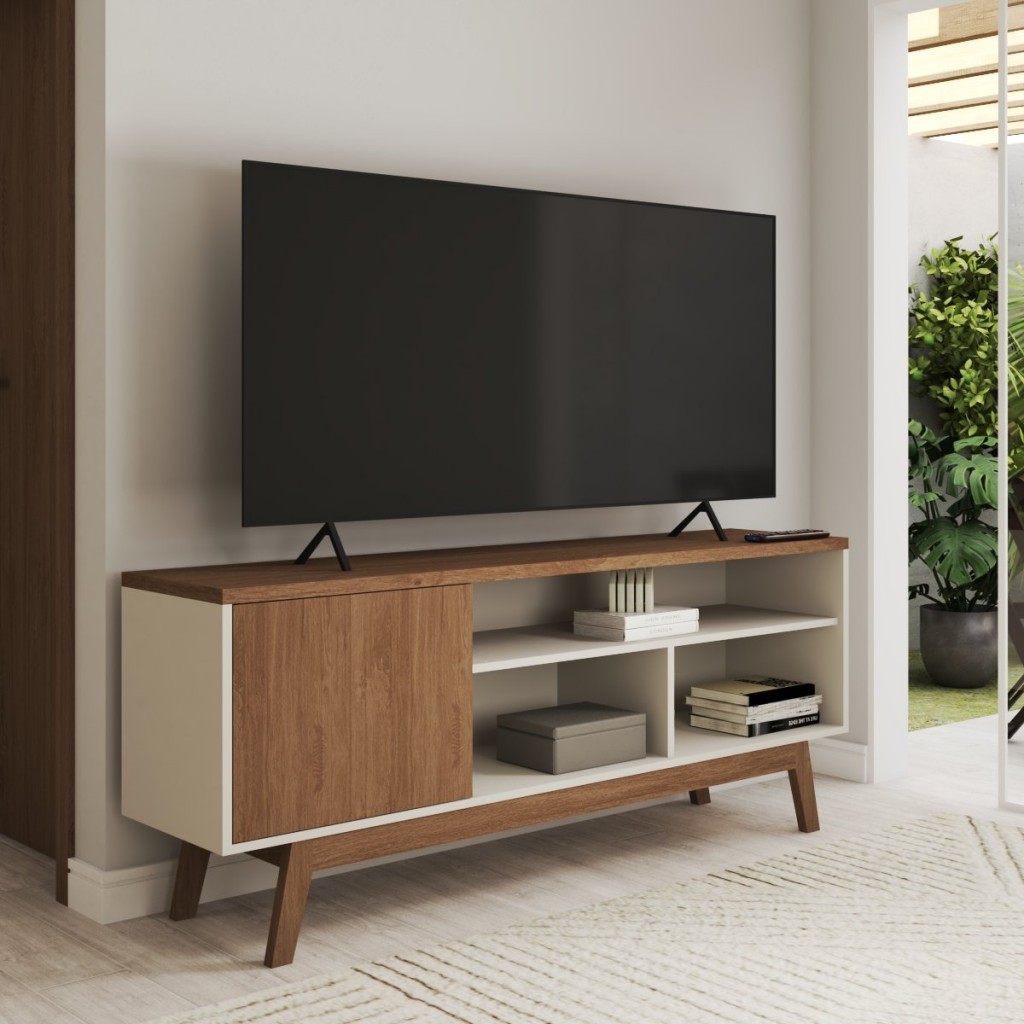Rack para TV Até 50 Polegadas Trento 1 Porta Off White/Freijo - Panorama Móveis em Oferta na Shopee