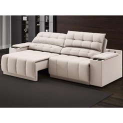 Sofá com Porta Copos Carregador USB Ret Rec Samurai 2,30m Velosuede Areia - NETSOFAS