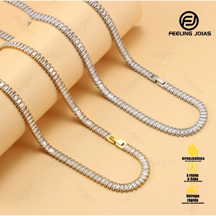 Colar Choker de Luxo Cravejado com Zircônia para Mulheres Corrente Curta com Cristais CZ,Jóia