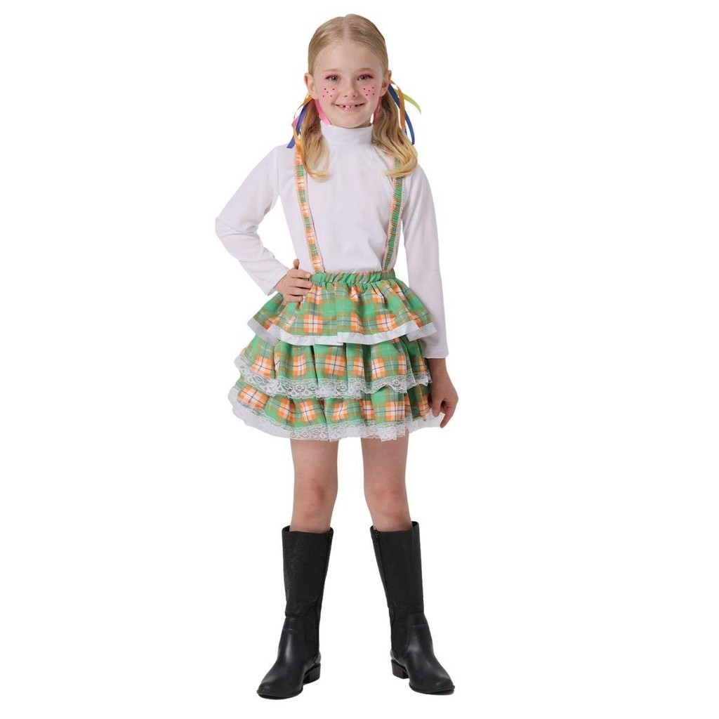 Saia Infantil Festa Junina Xadrez com Suspensório Roupa Menina Salopete Jardineira Dança Quadrilha São João