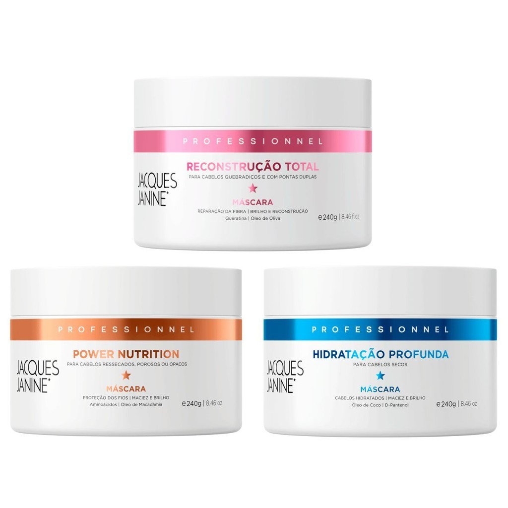 Kit Jacques Janine 3 Máscaras Tratamento Creme Cronograma Hidratação Nutrição Reconstrução 240g em Oferta na Shopee