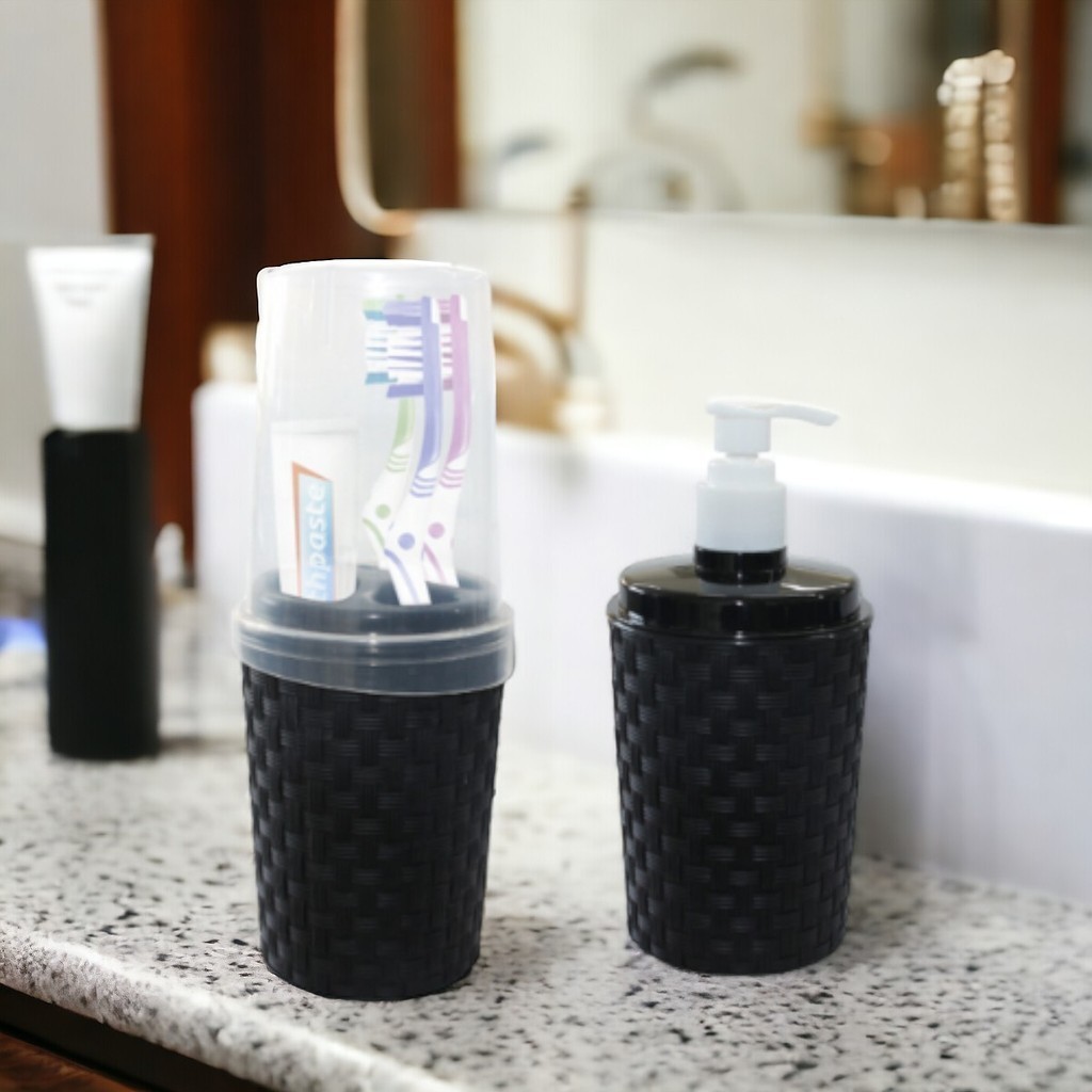 Mini Kit Banheiro Porta Escova Preto Rattan + Porta Sabonete Líquido 2 PEÇAS Preto Rattan Branco