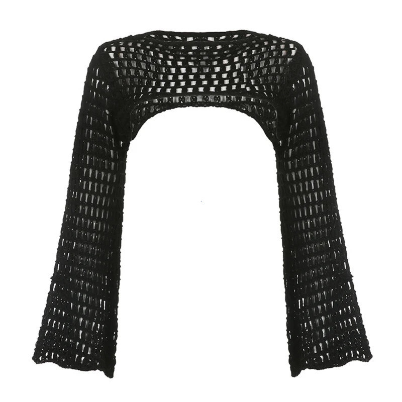 Mulheres Y2k Crochet Knit Oco Out Top Colheita Manga Longa Flared Shrug Sweater Malha Cover Ups Cardigan Streetwear Pullover Mulheres