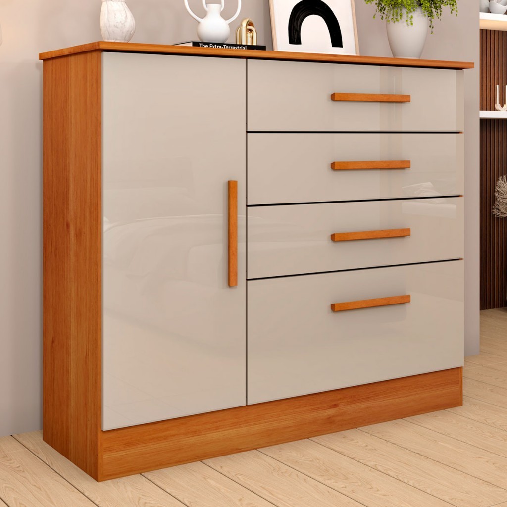 Cômoda Chicago 1 Porta 4 Gavetas Cinamomo/Off White - Tcil Móveis em Oferta na Shopee