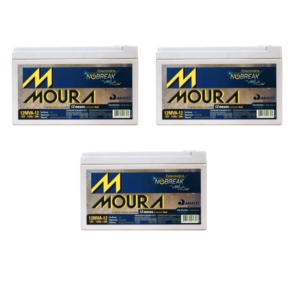 Kit 3 Baterias Estacionária VRLA 12Ah 12V Moura Nobreak - 12MVA-12