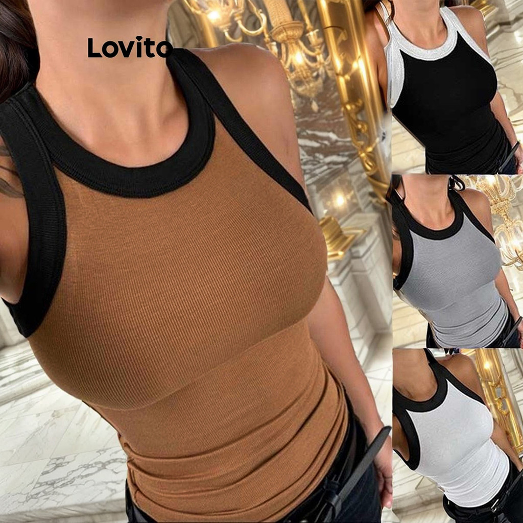 Lovito Top Básico Casual com Patchwork e Bloco de Cores para Mulheres LNL38002 (Café/Cinza/Branco/Preto)