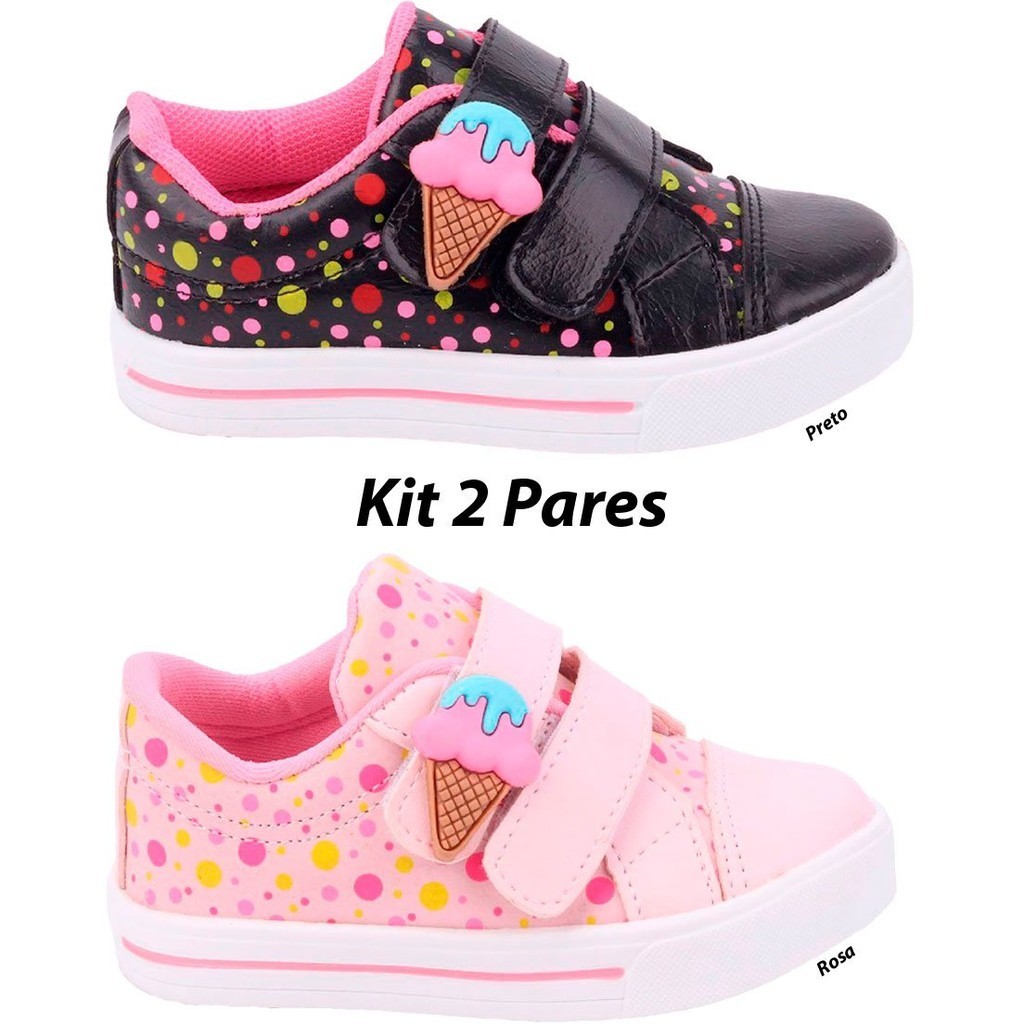 Kit 2 pares Tênis Infantil Feminino Sorvetinho Meninas Preto e Rosa em Oferta na Shopee