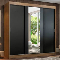 Guarda Roupa Casal 3 Portas de Correr com Espelho Rustic/Preto Madesa Reno