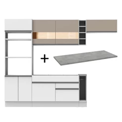 Cozinha Completa Madesa Safira com Armário e Balcão + Tampo - Branco/Branco/Crema