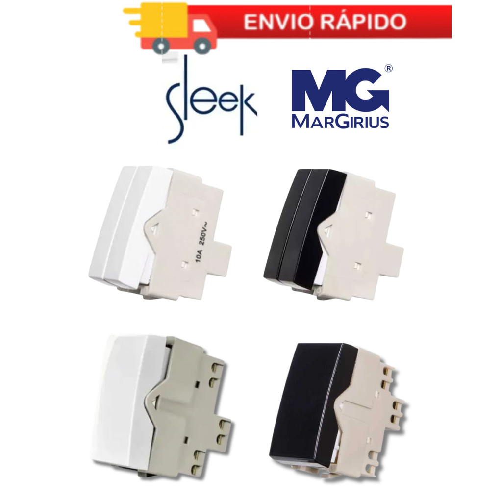 Modulo Interruptor Simples e Interruptor Duplo  Margirius Sleek Branco e Clean Preto fosco