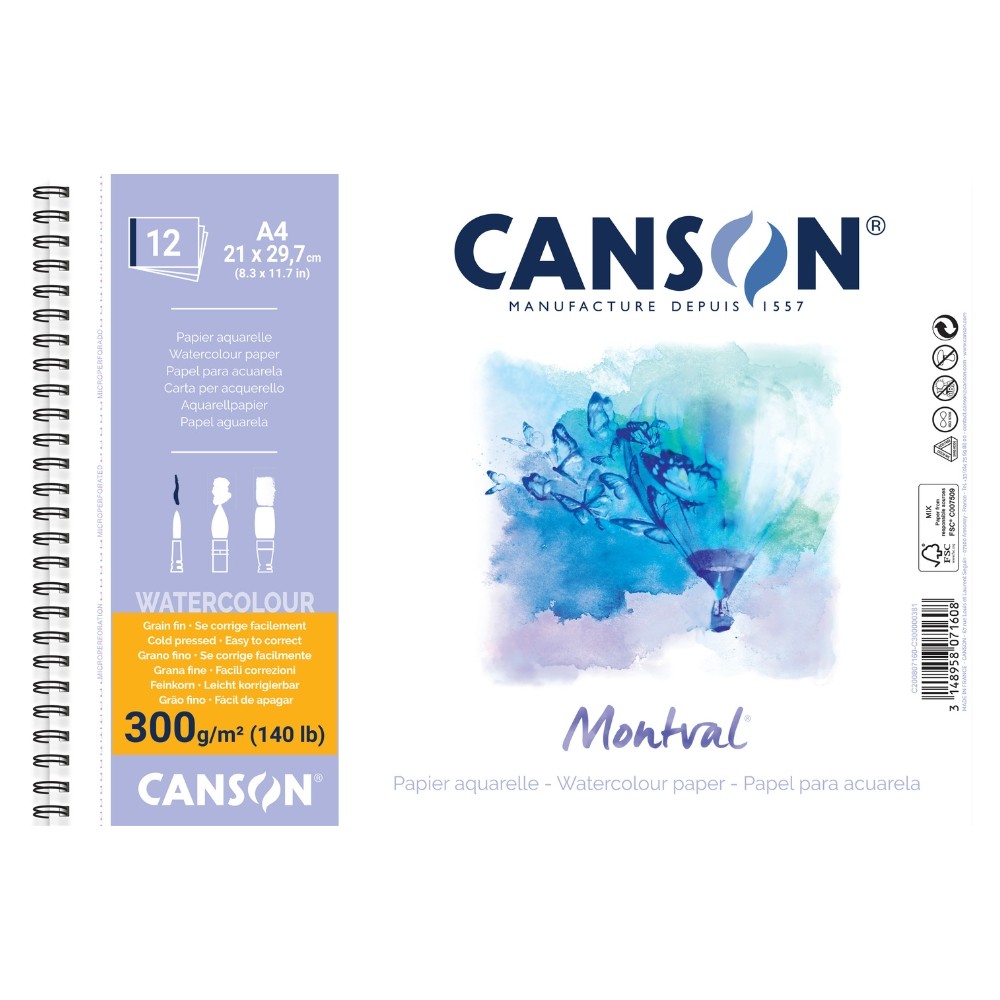 Bloco Espiral Canson Montval Aquarela Grão Fino A4 300g Com 12 Folhas - Stationery