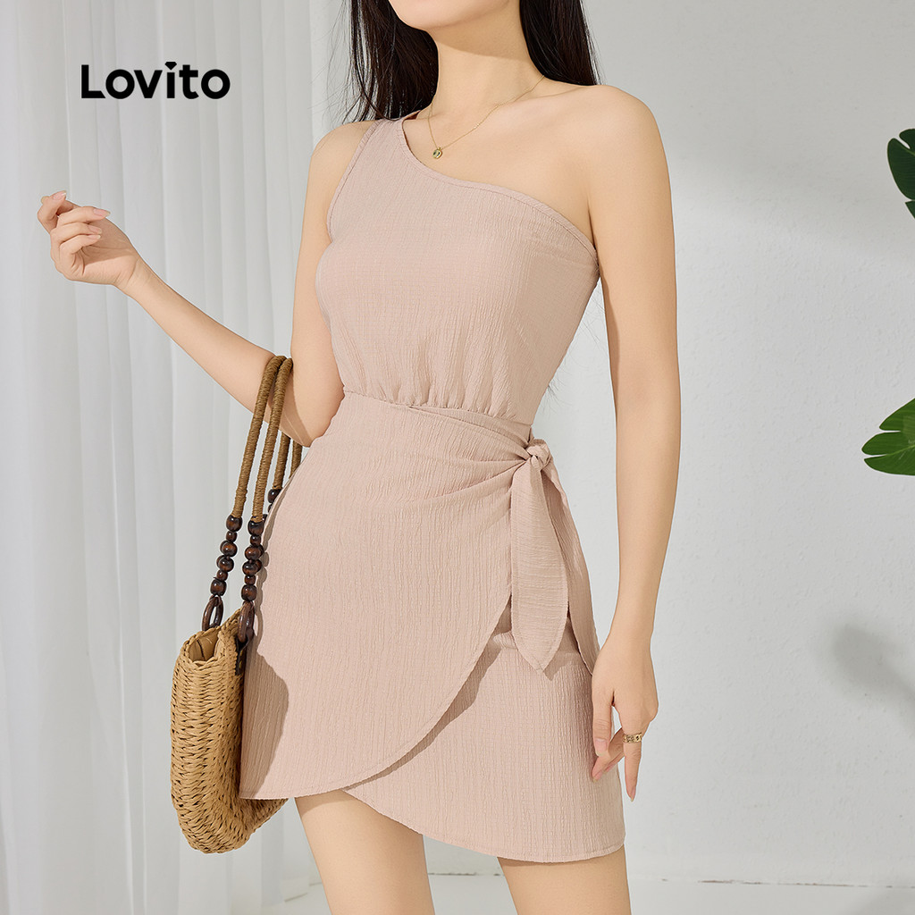 Lovito Vestido Boho Plain Lace Up Wrap Jacquard para mulheres L123ED081