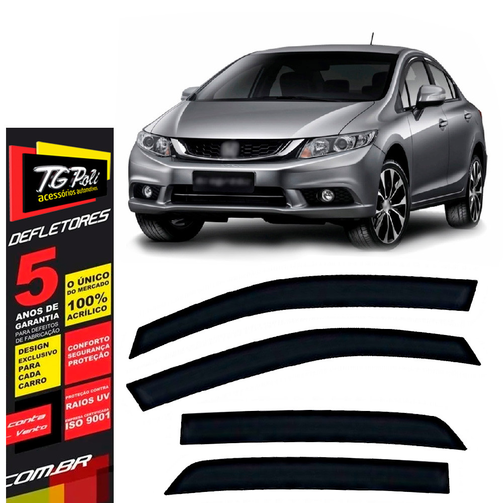 Calha de Chuva Honda Civic 2012 a 2016 4 portas TG Poli Defletor Portas Protetor Janelas Fumê